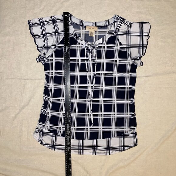Diana Belle Black White Plaid Womens L Tie Neck Short Flutter Sleeve Blouse EUC - Picture 7 of 8